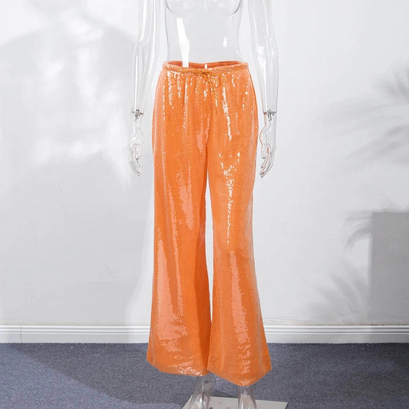 Y2K Sequin Lace Up Pants Women Elastic Low Waist Wide Leg Trousers Female 2026 Spring Summer Lady Shiny Party Clubwear Street