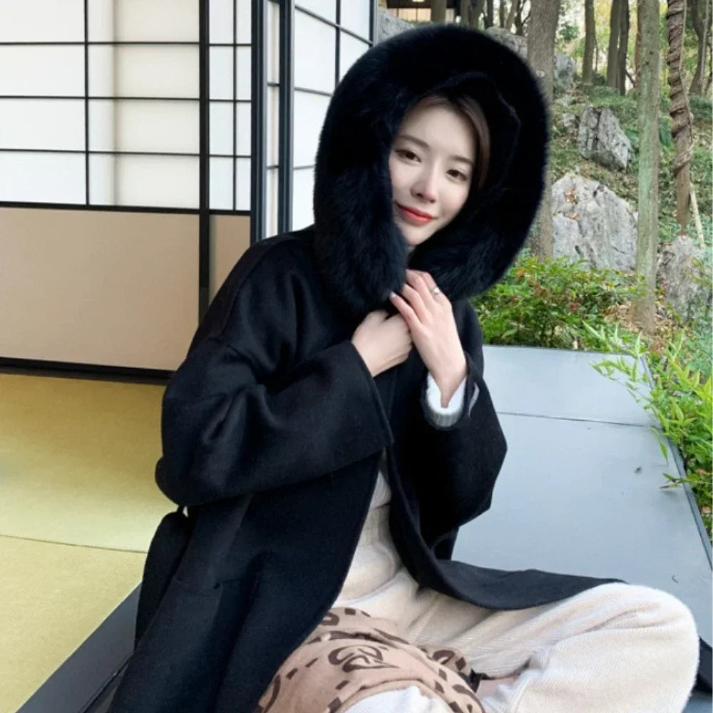 Real Fur Wool Outerwear Wool Blends Coat Natural Fox Fur Collar Hooded Cashmere Winter Jacket for Women Streetwear High Street