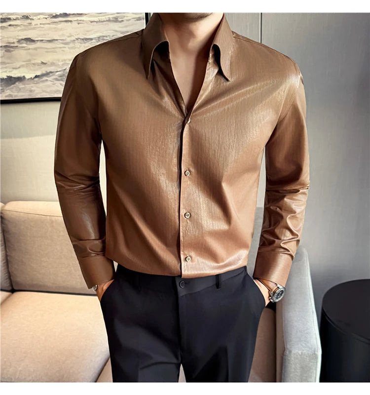 Men's 2026 Spring Luxury Lyocell Cotton Shirt, Leather-Like Texture Jacquard V-Neck, Long Sleeve Business Casual Top