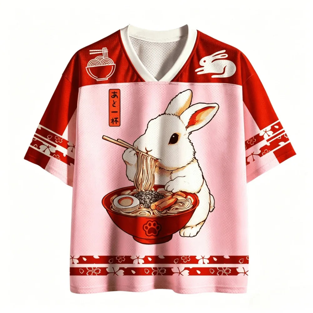 Japanese Cute Rabbit Eating Ramen 3D Print Breatha Quick-dry Men's V-neck Plus-size T-shirt Streetwear Y2K Parent-child Clothing