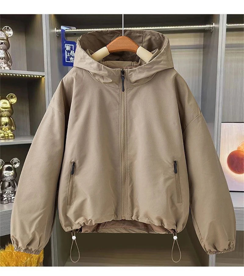 2026 Autumn Women's Coat Hooded Jacket Long Sleeve Zipper Pockets Casual Windbreaker Basic Jackets Outerwear Splicing Hooded E25