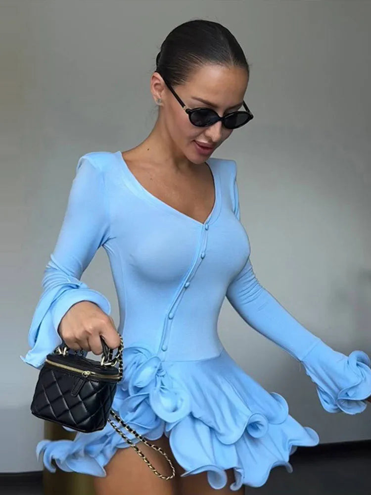 Chic Ruffle Hem Women's Dress V-Neck Long Sleeve Waist-Closed Buttons Solid Lady Mini Dresses 2026 Summer Fashion Female Robe