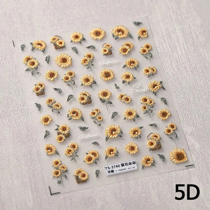 Gold Stamped Frame Oil Painting Style Sunflowers Metal Bead 3D Self Adhesive Nail Art Stickers Autumn Manicure Decals Wholesale