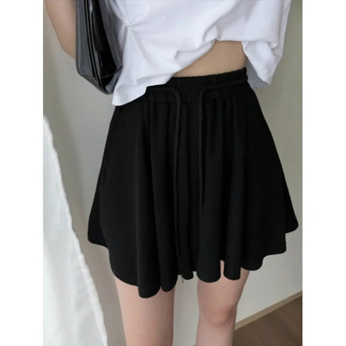 Women High Waist Drawstring Skort Solid A Line Wide Leg Casual Sports Pleated Shorts