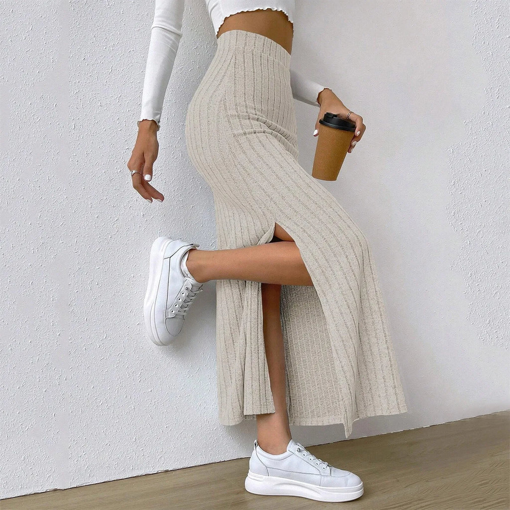 Womens Ribbed Knit Split Thigh Maxi Skirt High Waist Bodycon Pencil Skirt Casual Spring Summer Office Lady Chic Long Skirts 2026