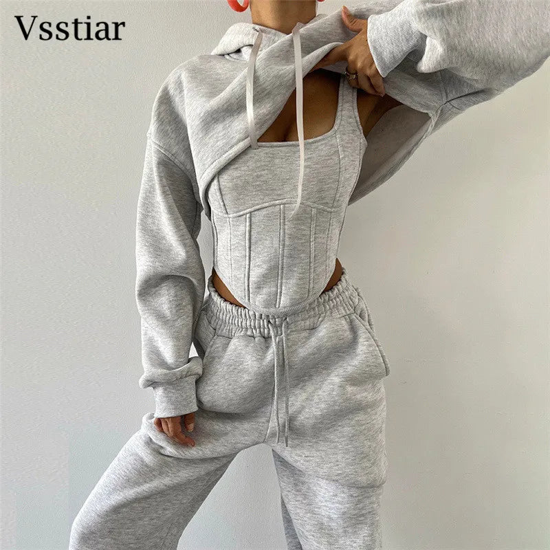 Vsstiar Women Three Piece Set Long Sleeve Hooded Crop Top Irregulary Tanks Pockets Pants Casual Tracksuit Fashion Female Clothes