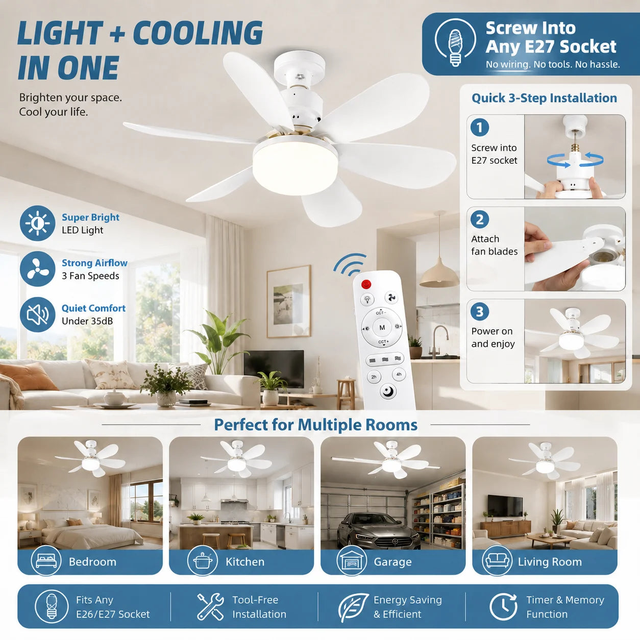 E27 LED Ceiling Fan Light with Remote 3 Color Dimmable Fan Lamp Rotatable Converter Base for Bedroom Living Room Kitchen