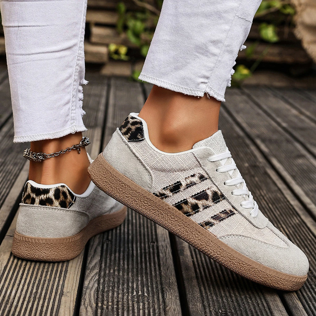 New Leopard Print Casual Sports Shoes for Autumn Winter, Large-sized Lace-up Anti-slip Round-toe Lace-up Women's Single Shoes 74