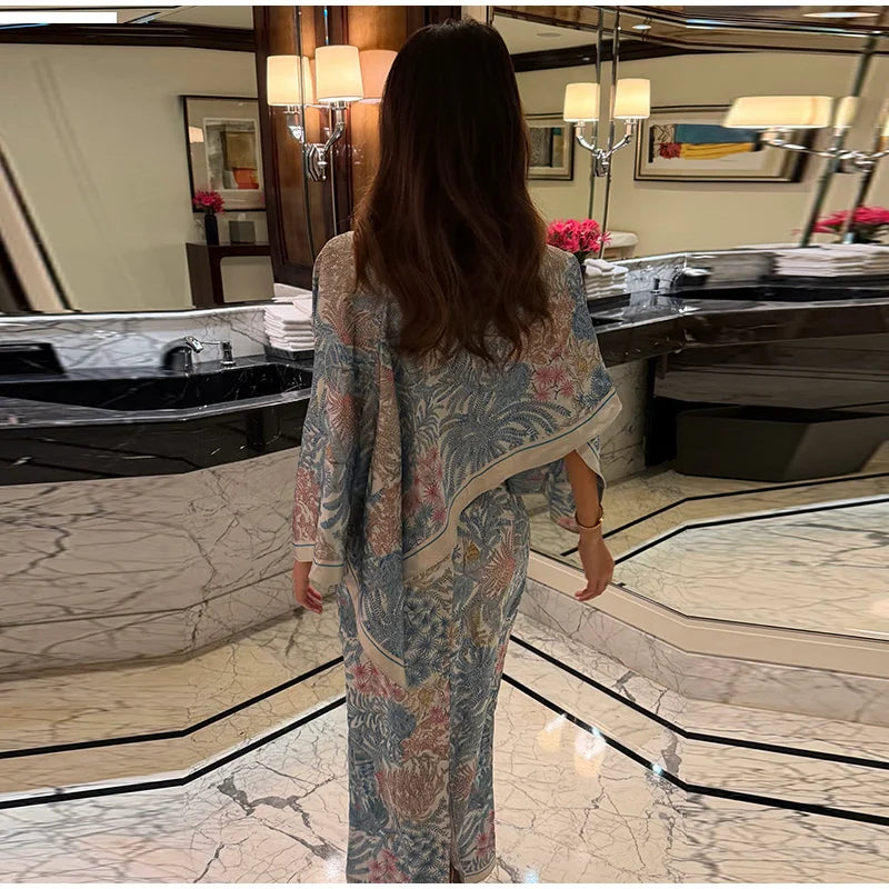 Women Floral Dress With Attached Shawl Cape Overlay Waisted Bodycon Maxi Dresses Fashion Elegant Commute 2026 Summer Autumn Gown