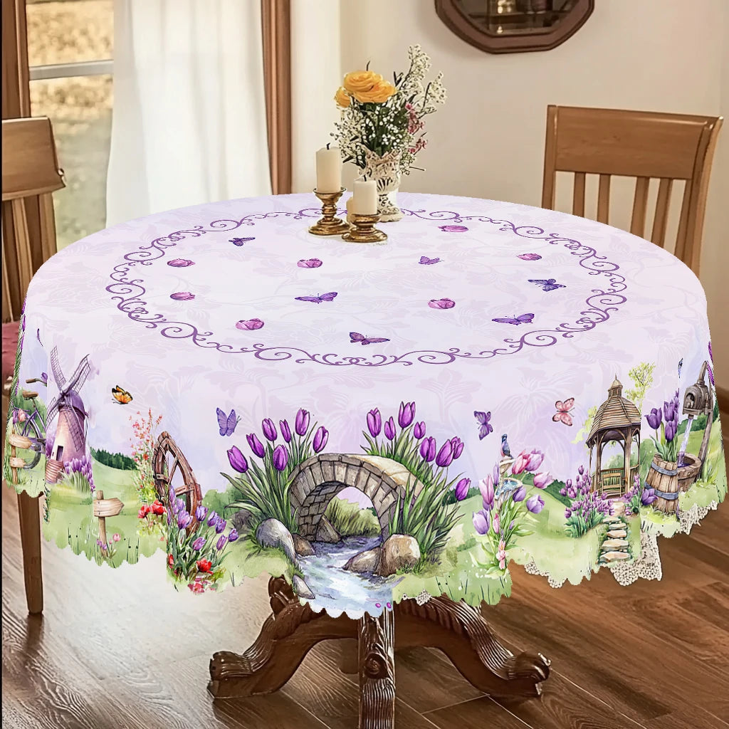 1 Piece of Spring/Summer Printed Round and Rectangular Tablecloth, Available in Various Sizes, with Purple Tulips and Lavender Interwoven, Featuring a Vintage Scroll Border and Butterfly Petal Embellishments, with Embossed Ed