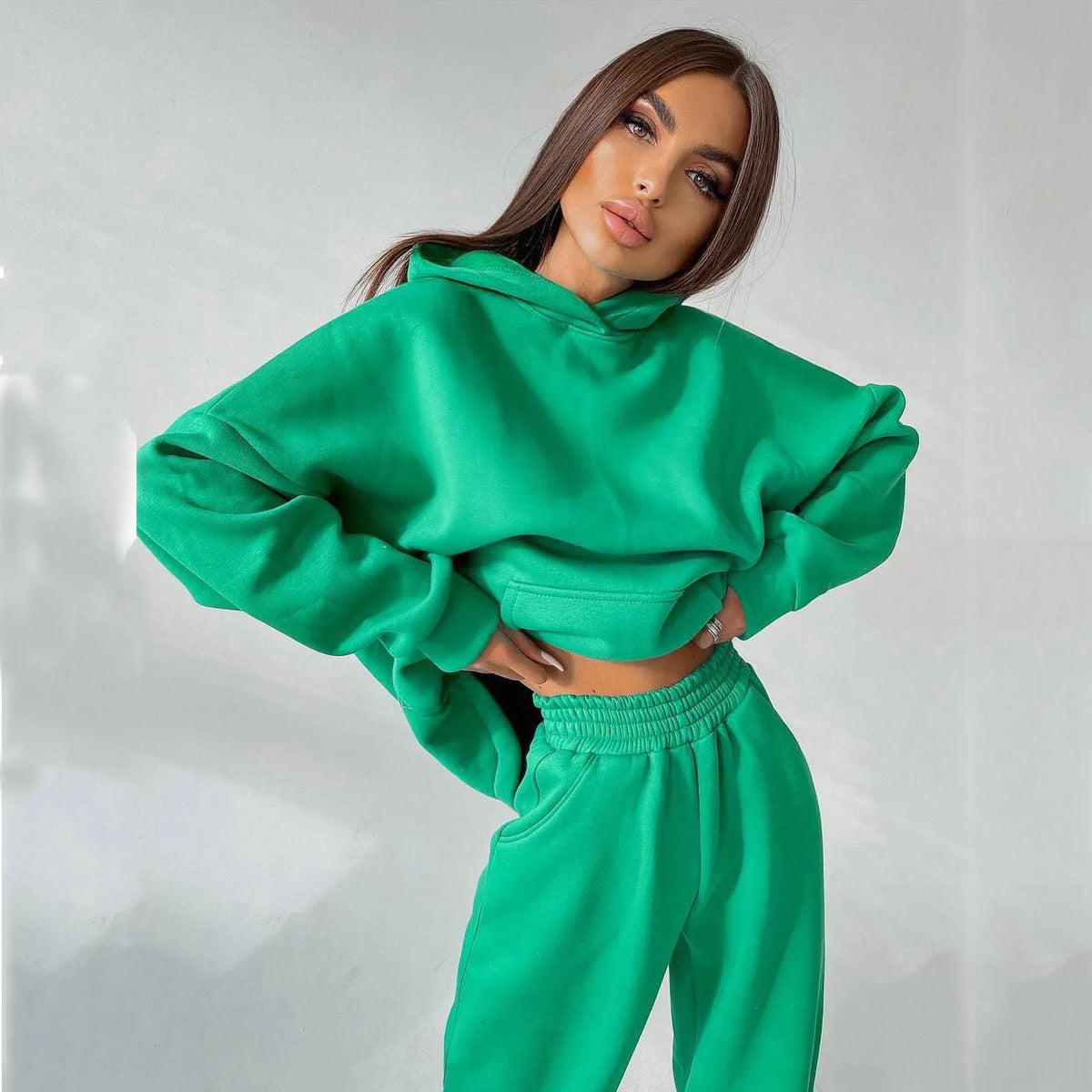 Woman's Solid Color Hooded Sweatshirt Pant Two-piece Set Fashion Long Sleeves Pocket Pullovers Pants Suits Ladies Loose Outfit