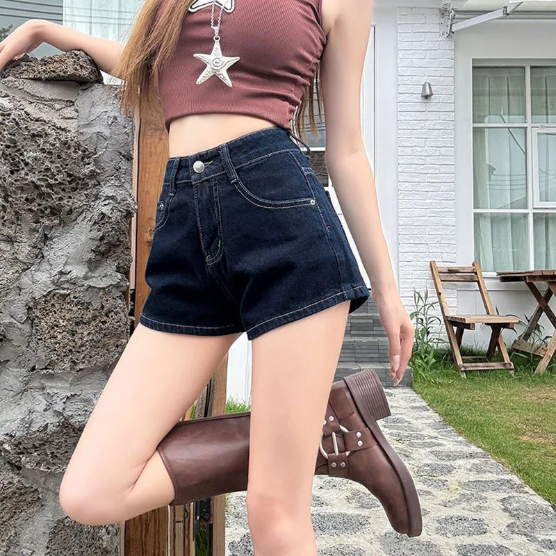 Casual Denim Shorts Women Summer Slim Fit High Waisted Pockets Hot Mini Pants Female Deep Blue Versatile Slimming Short Jeans