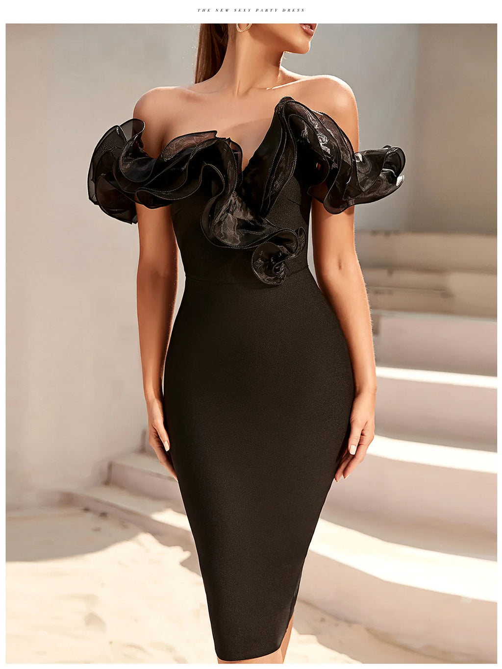 Women's Off Shoulder Bandage Midi Dress Luxury Design Ruffled  Elegant Black Sleeveless Ruffled Sexy Club Party Evening Dresses