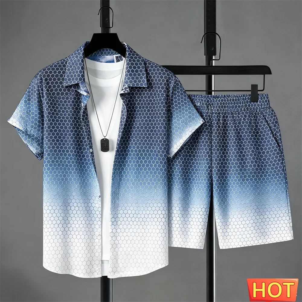 Summer Outfits Man Shirt Set Gradient Leisure Shirt Set Solid Color 2 Piece Set Leisure Vacation Outfit Two Piece Fashion Outfit