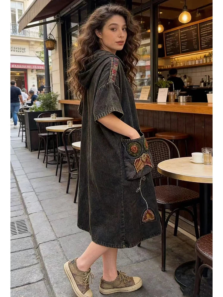 Amax LuluE Spring Vintage Loose Denim Dress Ladies 2026 Fashion Causal Embroidery Vestidos Womens British Classic Luxury Clothes