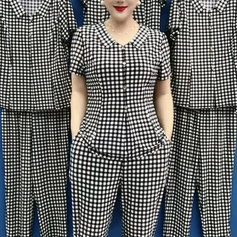 Summer New Korean Fashion Women Thin Plaid Two Piece Set V-neck Printed Patchwork Button Short Sleeved Top Straight Pants Suit