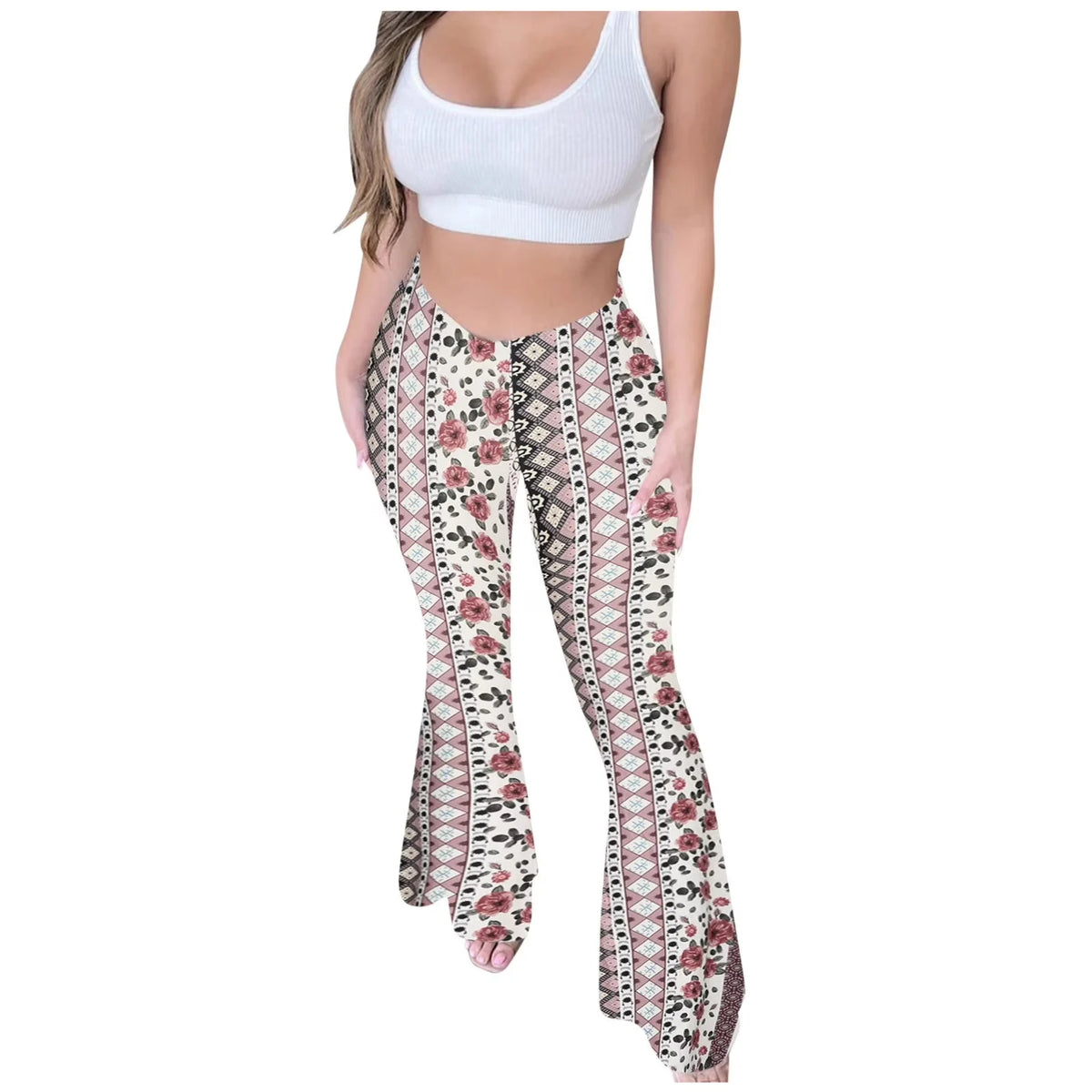 Bohemian Flare Pants for Women High Waisted Stretchy Bell Bottoms Y2K Hippie Style Trousers for Beach Vacation Leggings 2026