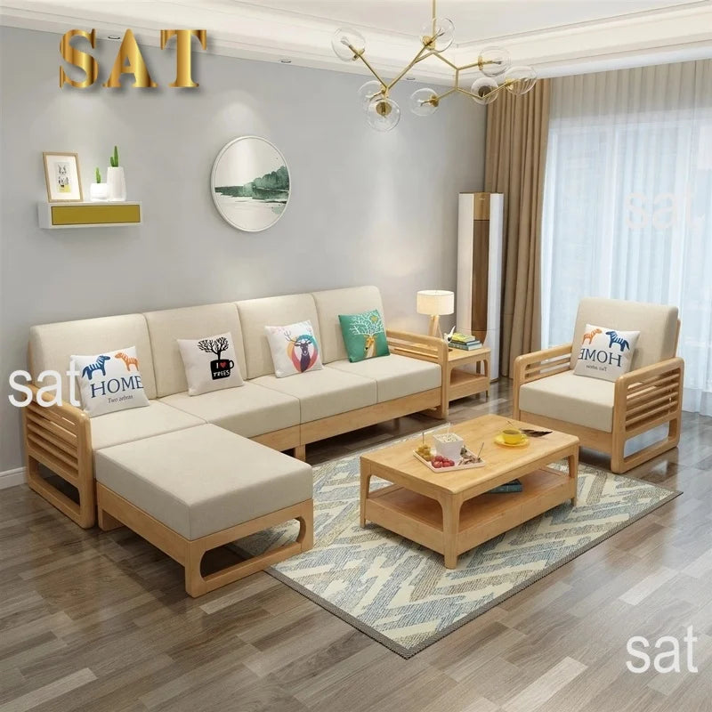 New Design Living Room High End Wholesale Customization Home Furniture Set Modern Solid Wood Frame Fabric Sectional Wooden Sofa