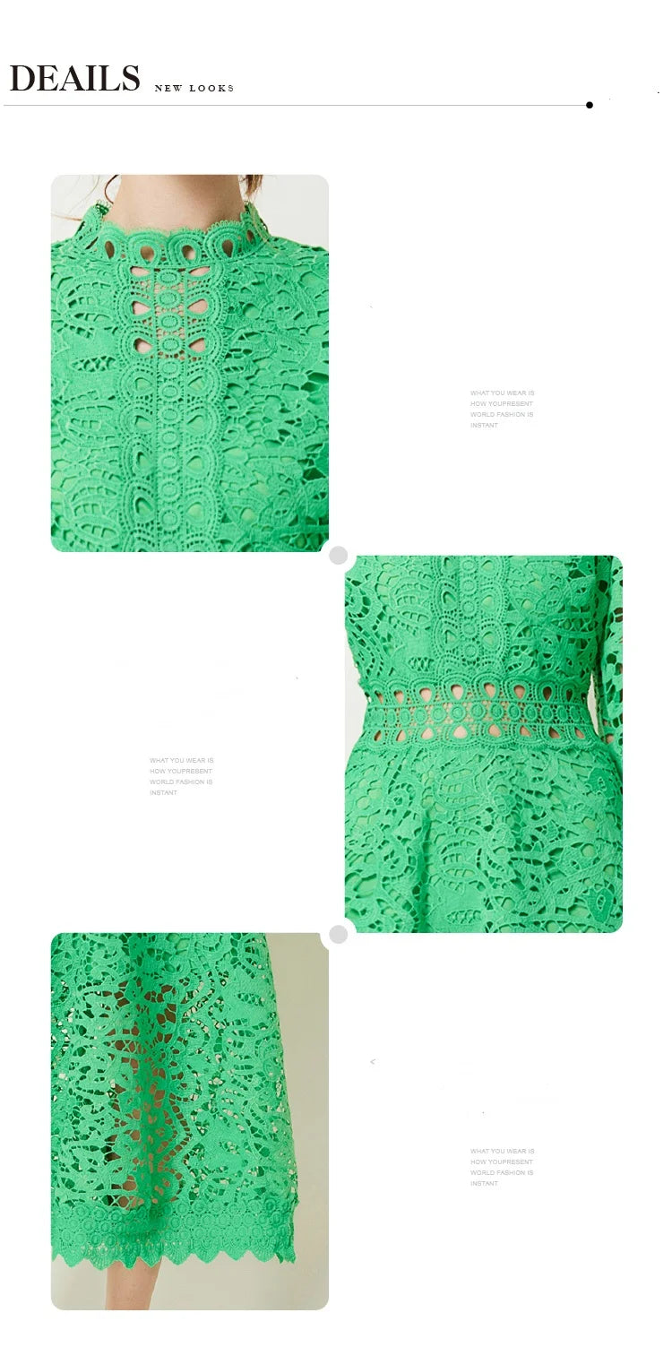 Solid Lace Holloe Out Slimming Elegant Dresses For Women Stand Collar Long Sleeve High Waist Minimalist Dress Female Fashion