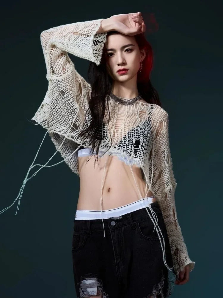 Sexy White Slash Neck Grunge Knitted Women's Sweater Hole Ripped Pullover Crop Top Harajuku Hollow Out Fashion Summer Jumpers