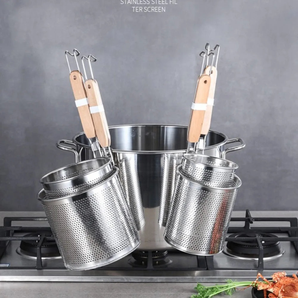 Durable Thickened Stainless Steel Funnel Kitchen Gadgets Wooden Handle Pasta Basket Strainer Multifunctional Noodle Funnel