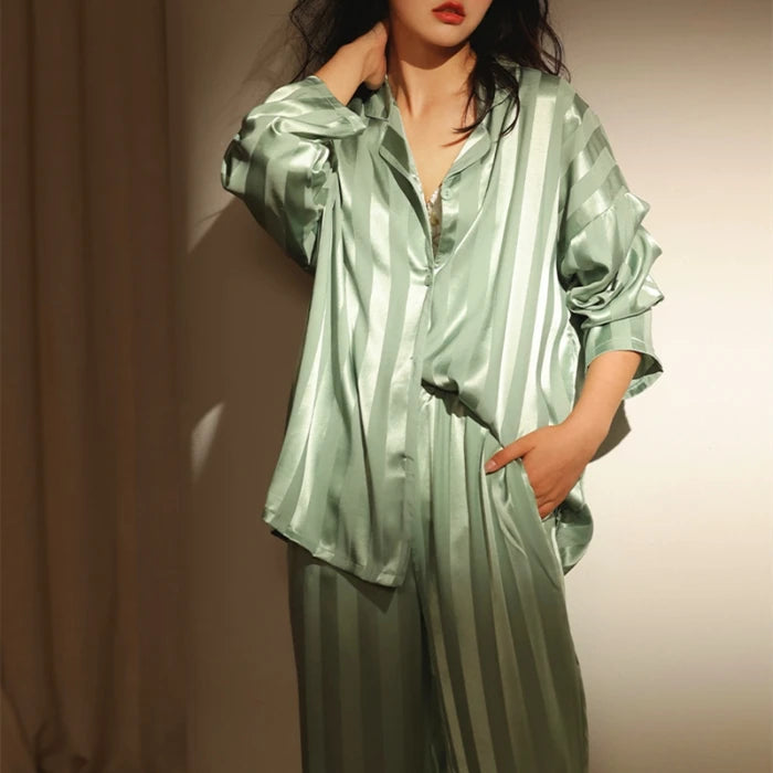 2024 Spring New Lapel Button Cardigan Lounge Sets Womens 2 Piece Ice Silk Pajamas for Women Fashion Printing Sleepwear for Wome