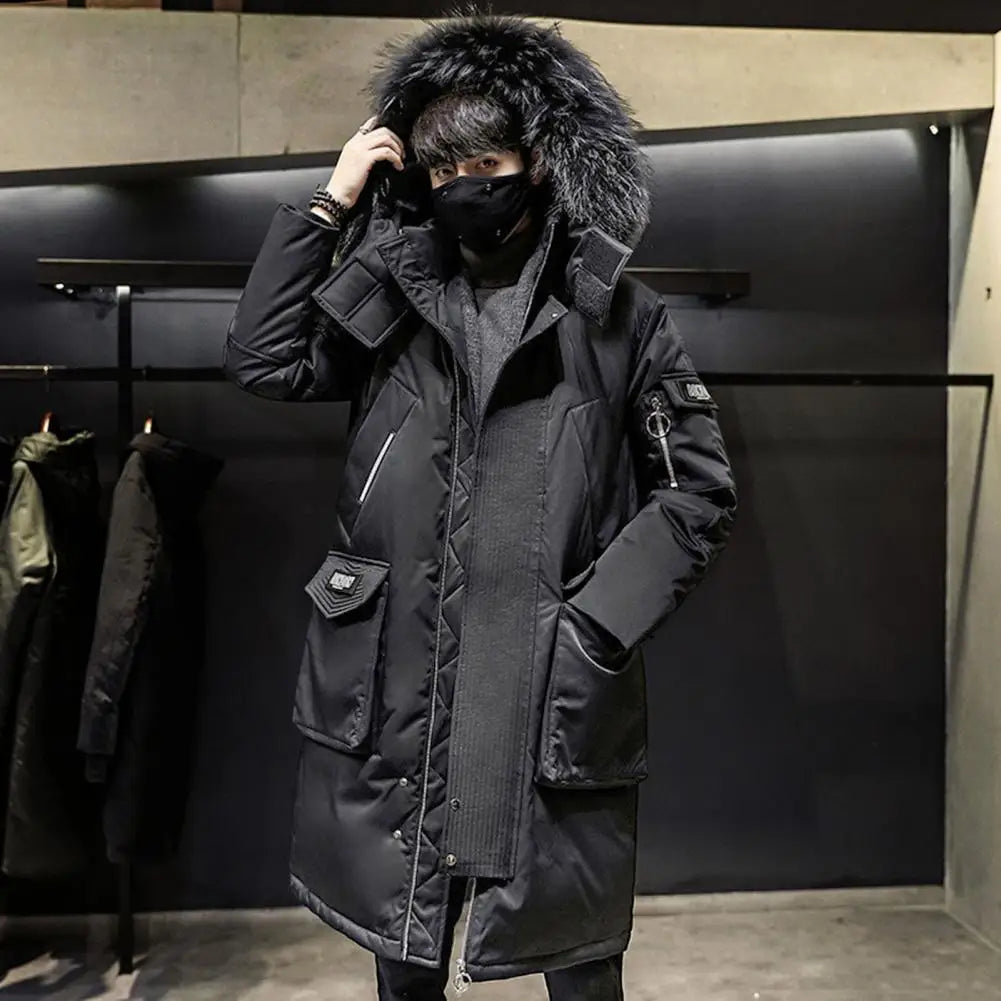Men Down Jacket Fur Collar Hooded Long Sleeve Solid Color Winter Coat Zipper Placket Pockets Thickened Puffer Outwear