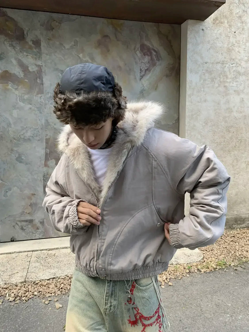 winter retro american woolen collar hooded cotton jacket thick plush top men street hip hop gothic harajuku oversize jacket coat