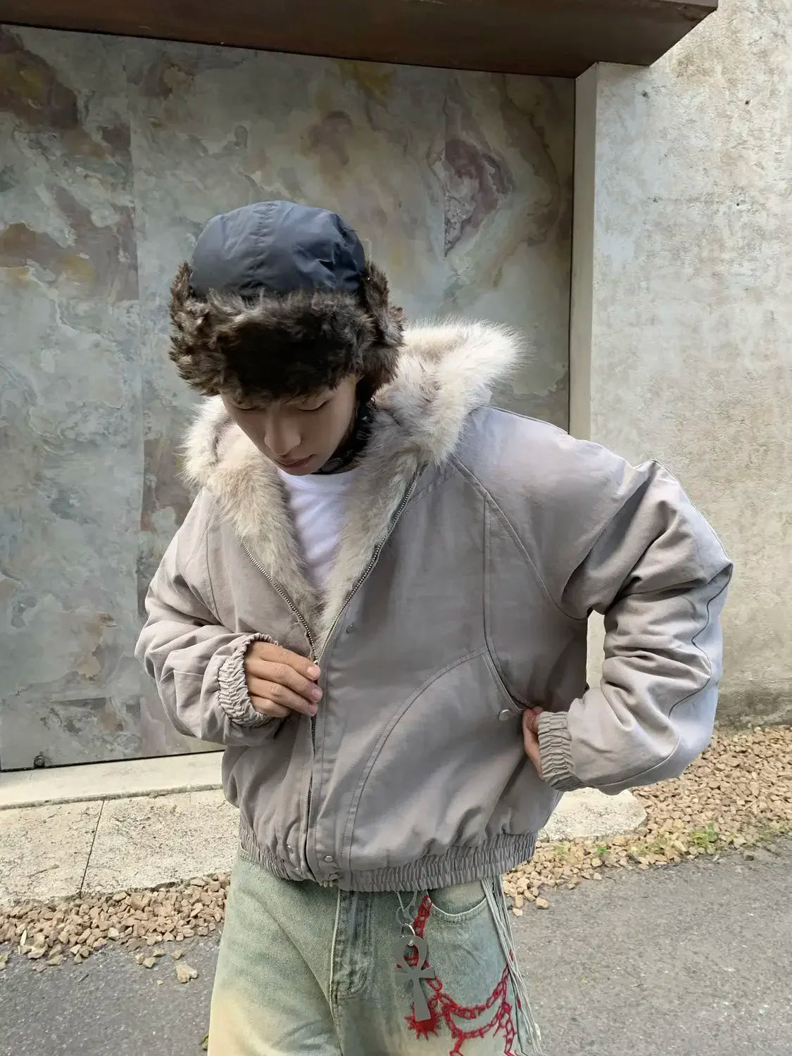 winter retro american woolen collar hooded cotton jacket thick plush top men street hip hop gothic harajuku oversize jacket coat