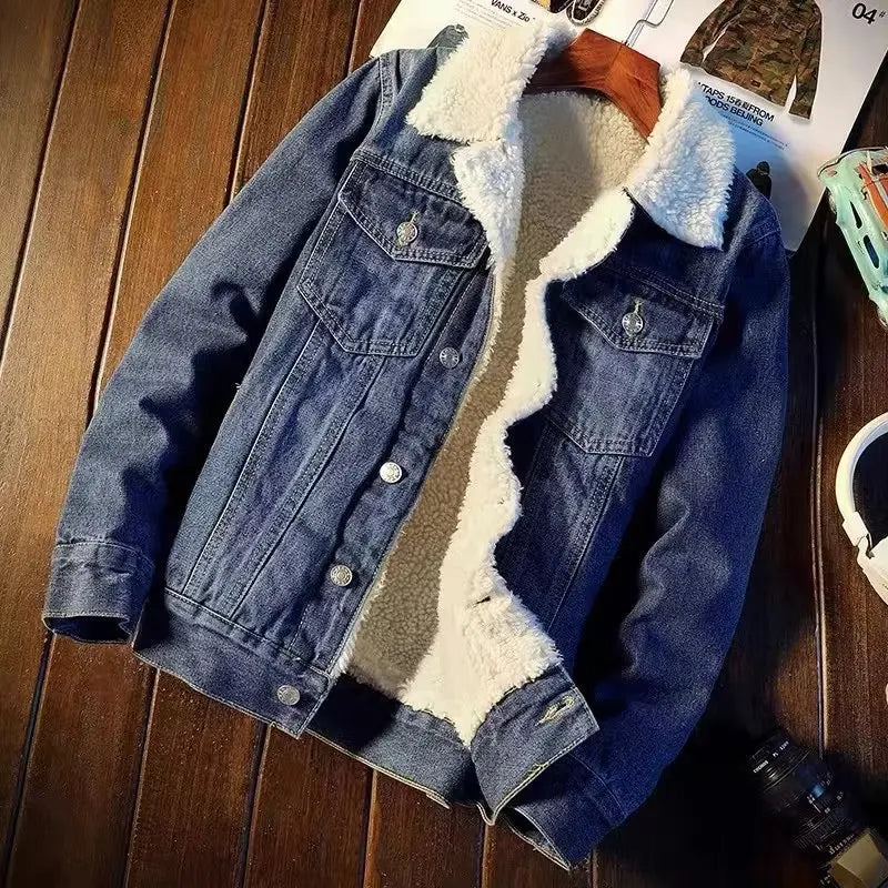 Men Winter Autumn Jacket Denim Inner Fleece Thicken Winter Jeans Jacket Coat Men's Turn-down Velvet Jacket Mens Fur Parkas
