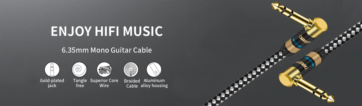 DREMAKE Premium 6.5mm to 6.5mm Guitar Audio Cable Mono 6.35mm Quarter Inch Male to Male Instrument Patch Cord for Bass E-Piano