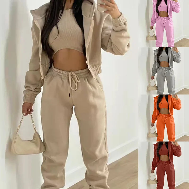 Women's 3 Piece Sets Suit Casual Long Sleeve Zip Hoodies Tank High Waist Sweatpants Jogger Pant Suits Sporty Three Pieces Outfit