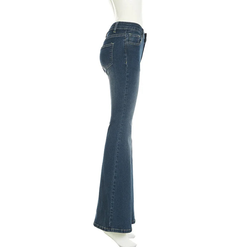 2026 Denim Trousers Y2K Flare Pants Jeans Women Embroidery Boot Cut Low Waist Washed Distressed Pockets Floor Length Streetwear