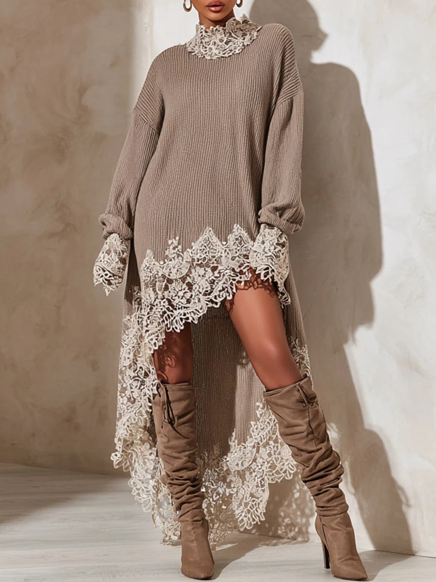 Solid Lace Trim Mini Dress Women Casual Patchwork Long Sleeve Turtleneck Asymmetrical Hem Loose Dresses 2026 Spring Autumn Dress