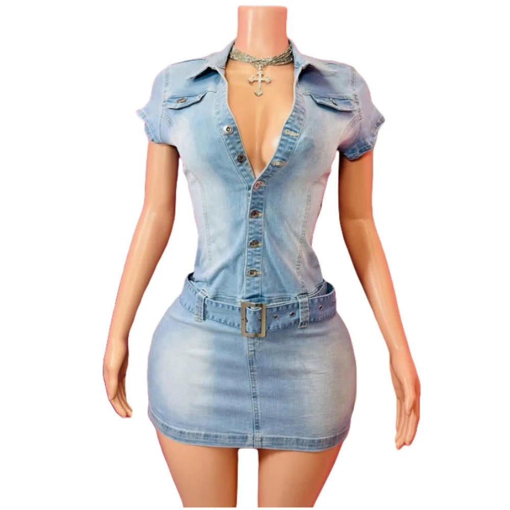 HLJ&GG Blue Denim Fashion Hollow Out Shorts Two Piece Sets Women Sleeveless Backless Bandage  Crop Top And Shorts Cowboy Outfits
