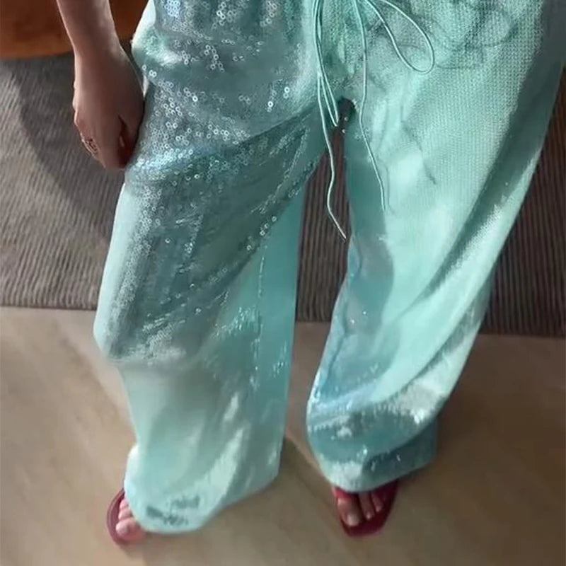 Y2K Sequin Lace Up Pants Women Elastic Low Waist Wide Leg Trousers Female 2026 Spring Summer Lady Shiny Party Clubwear Street