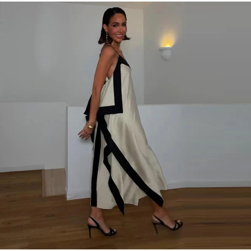 Contrast Black Trim Satin Cami Maxi Dress Deep V Neck Loose Flowy Ruffle Hem Lady Long Gown 2026 Summer Formal Vacation Dresses