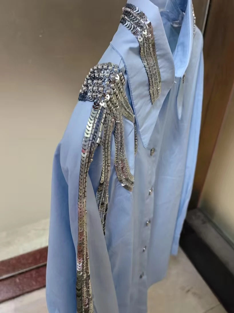 Luxury Brand Design Sequins Embroidery Cotton Blouses Shirts Women for 2025 Autumn Trend Long Sleeve Blue Tops Woman Clothes