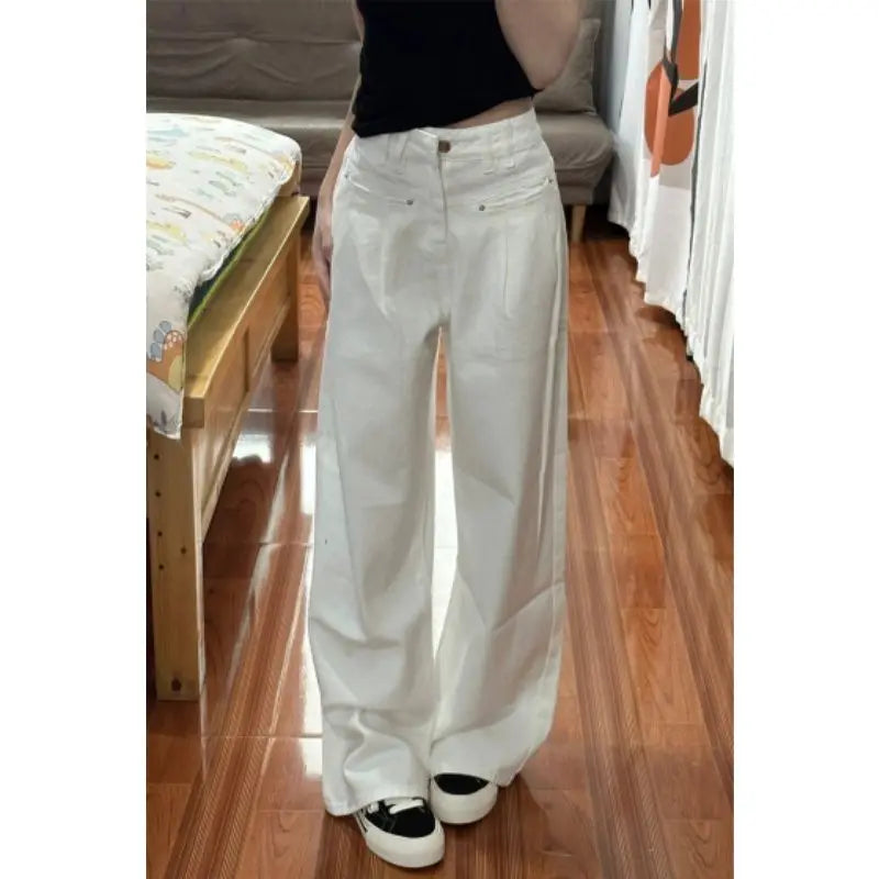 New Simple Basic Slim Women Jeans Casual Loose Fashion Street Woman Jeans Autumn High Waisted White Wide Leg Pants Female Chic