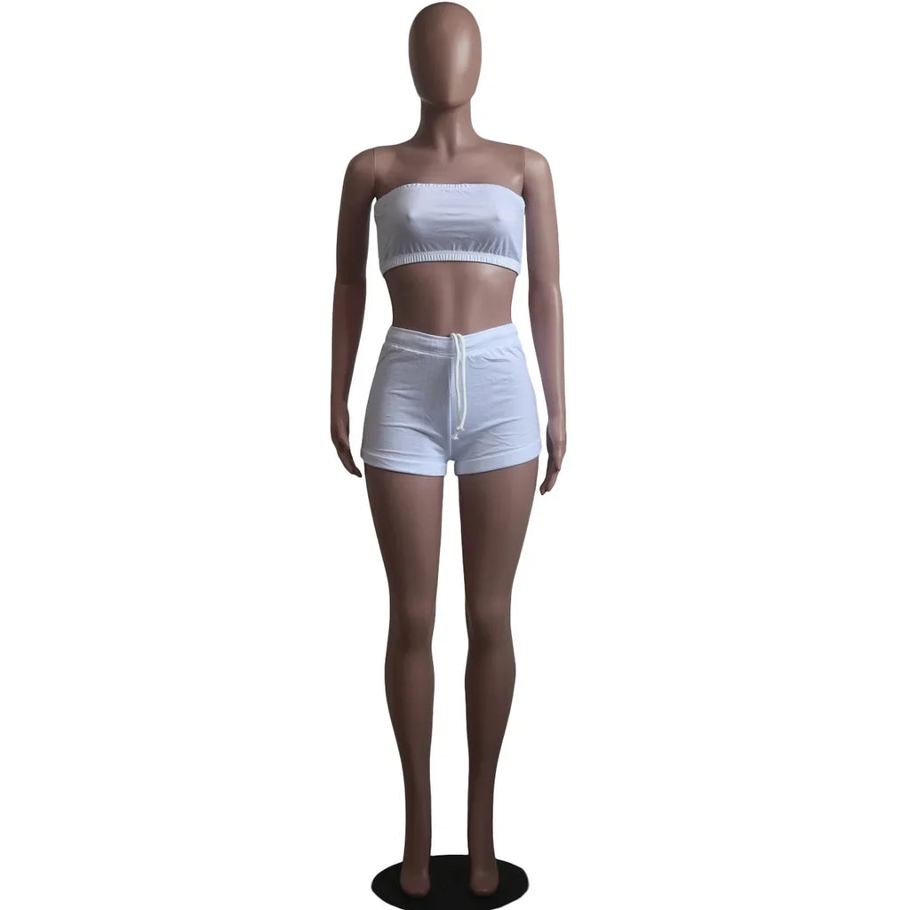 Thin Summer New Solid Color Lace Up Tracksuits Women Sleeveless Backless Tube And Shorts Two Piece Sets Casual 2pcs Outfits