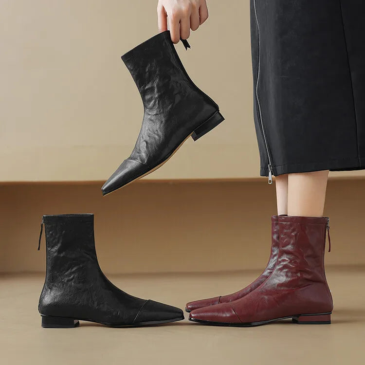 NEW Autumn/Winter Women Boots Square Toe Low Heel Shoes Genuine Leather Shoes for Women Concise Zipper Short Boots Modern Boots