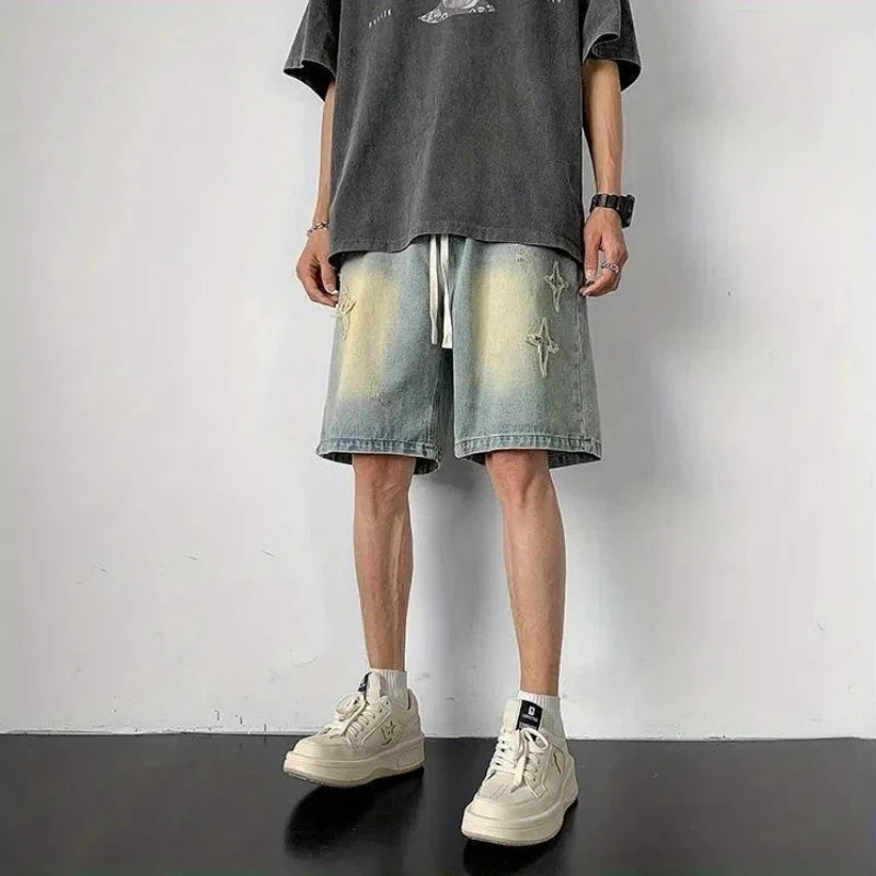 Embroidered Denim Shorts Men's Summer American Retro Street Five-point Pants Trendy Brand Trendy Loose