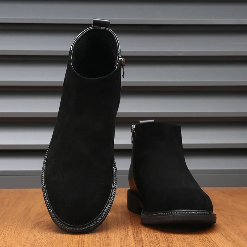 Classic Black Leather Pointed Chelsea Mid Top Boots Leather Shoes Fashionable Suede Leather Men's Autumn Comfortable Short Boots