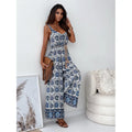 Elegan V-neck High Waist Jumpsuit Women's Fashion Pattern Print Loose Long Romper Causal Sleeveless Wide Leg Playsuit Women