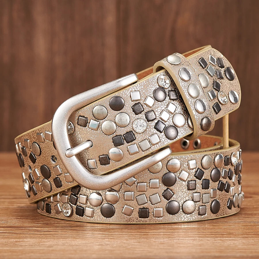 3.7CM PU Leather Rivet Belt  Lady Fashion Rhinestone Women Studded Belts High Quality Female Rock Female Strap For Jeans