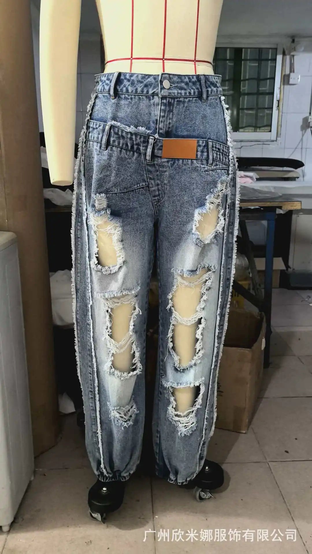 2026 New Summer Women's Washed Ripped Jeans Loose Straight Leg Drawstring Ankle Tied Casual Denim Pants For Daily