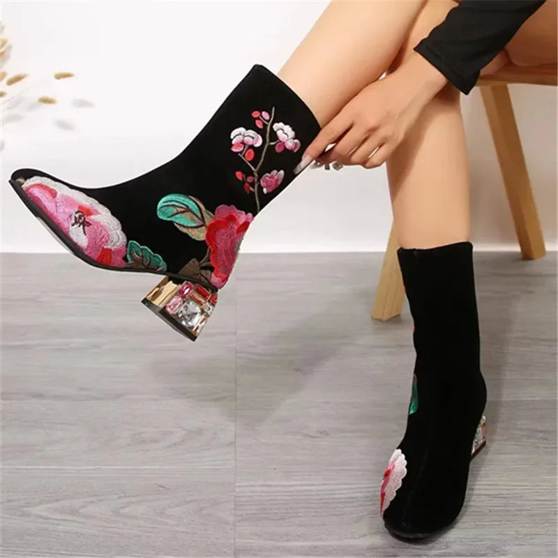 Women Flower Embroider Ankle Boots Winter Fashion Colorful Rhinestone Square Heels Zipper Motorcycle Short Boots Retro Shoes