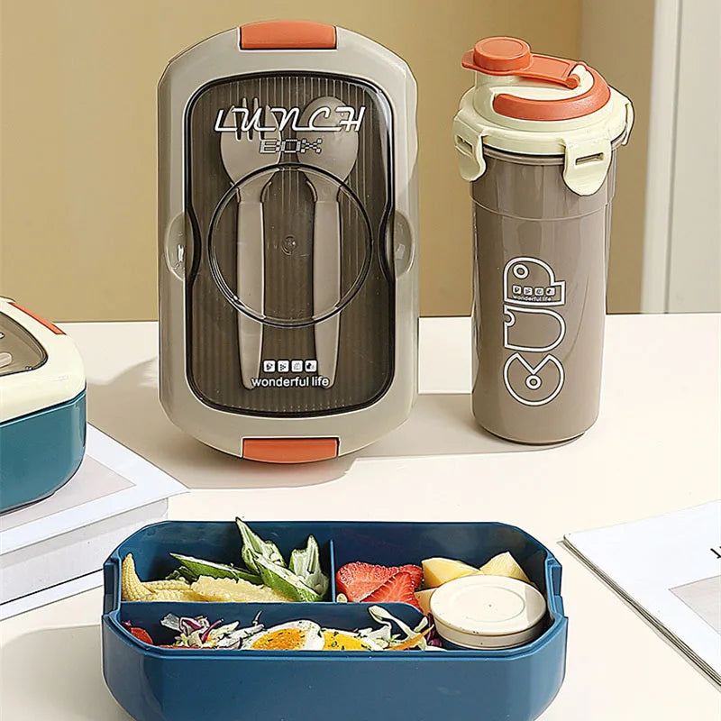 2Pcs Microwave Safe PP Lunch Box Set 750ML Separated Bento Container With 450ML Portable Water Bottle Leak‑Proof Dinnerware