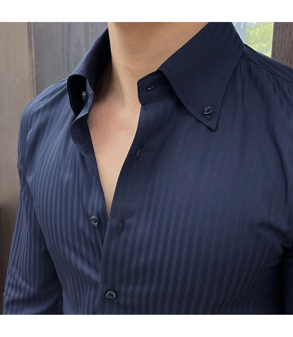 High-quality autumn men's new long-sleeve dark striped slim-fit shirt business casual formal workwear M-4XL