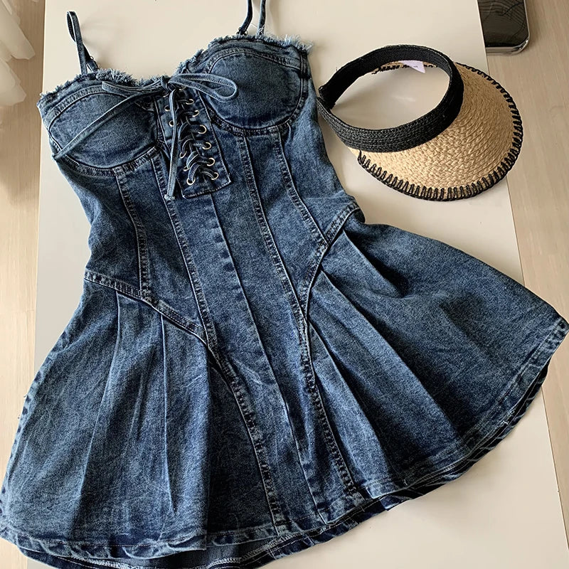 Sexy Mini Spaghetti Strap Lace-Up Jeans Dress Women 2024 New Trendy Summer Girls Dress Fashion Ripped Tassel Denim Dress Female